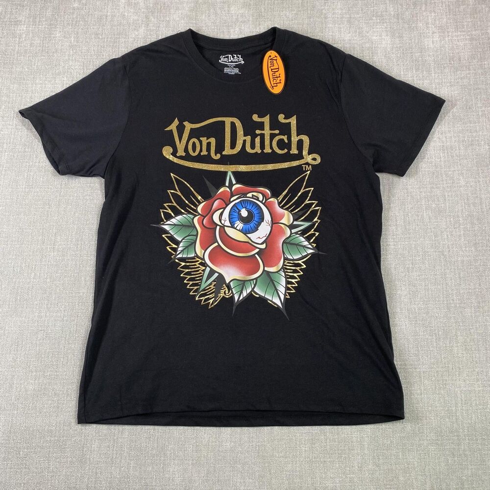 Von Dutch Shirt Mens Large Black Eye Rose Tattoo Graphic Logo T-Shirt Streetwear